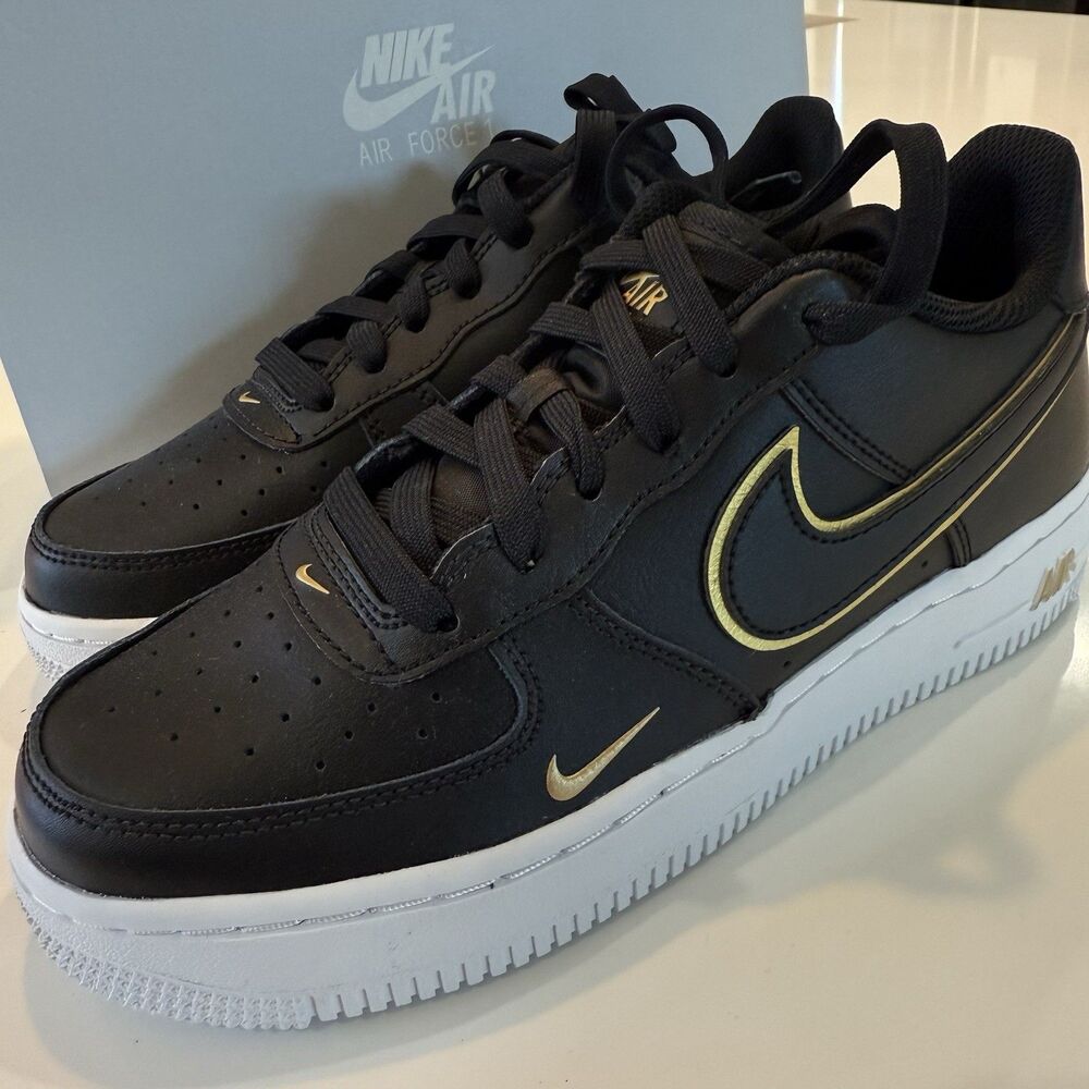 Size 5 GS / Wmns 6.5 - Nike Air Force 1 LV8 Low Black Metallic Gold Brand New